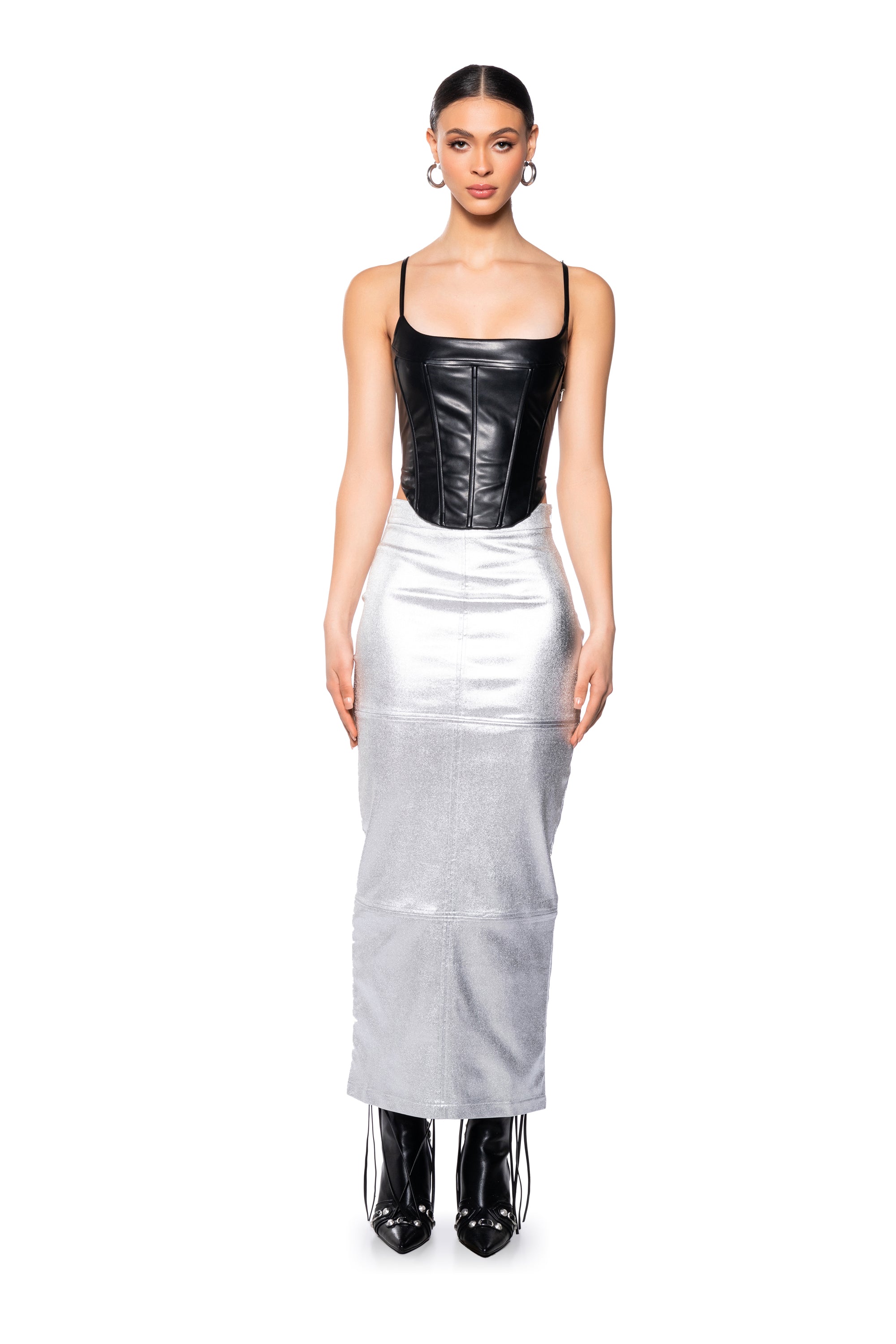 KEHLANI METALLIC MAXI SKIRT