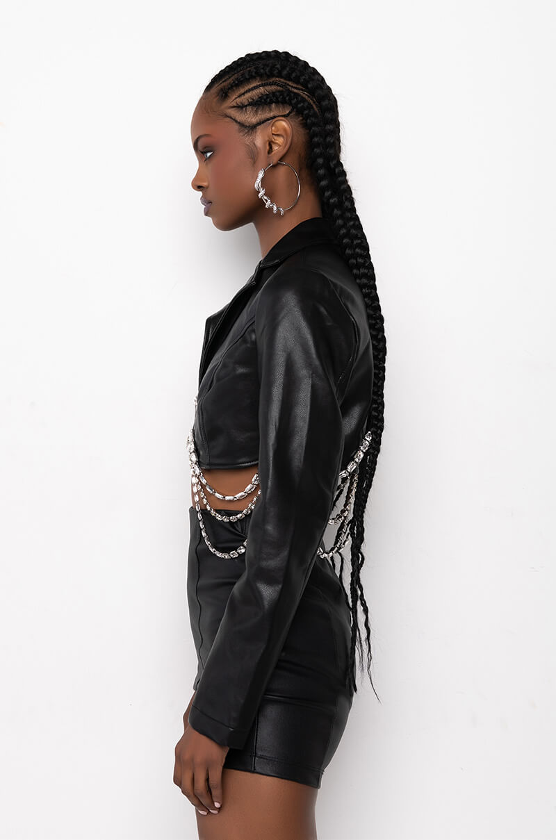 GWEN CROP PU JACKET WITH RHINESTONE TRIM