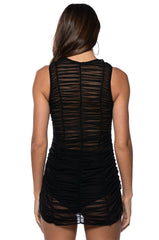 NYRA RUCHED MESH MINI DRESS IN BLACK